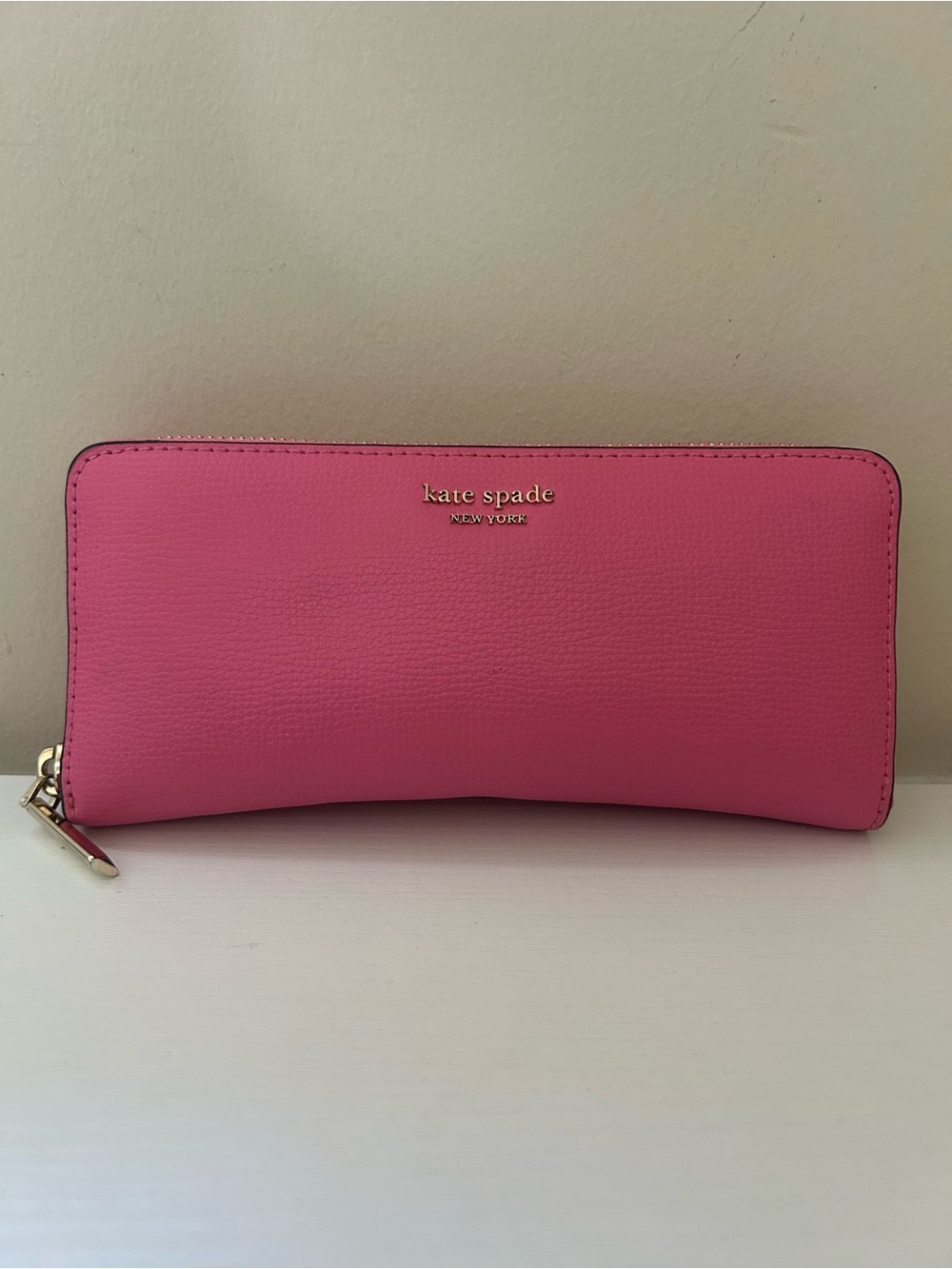 kate spade Pink Pebbled Leather Zip-Around Wallet with Gold Accent